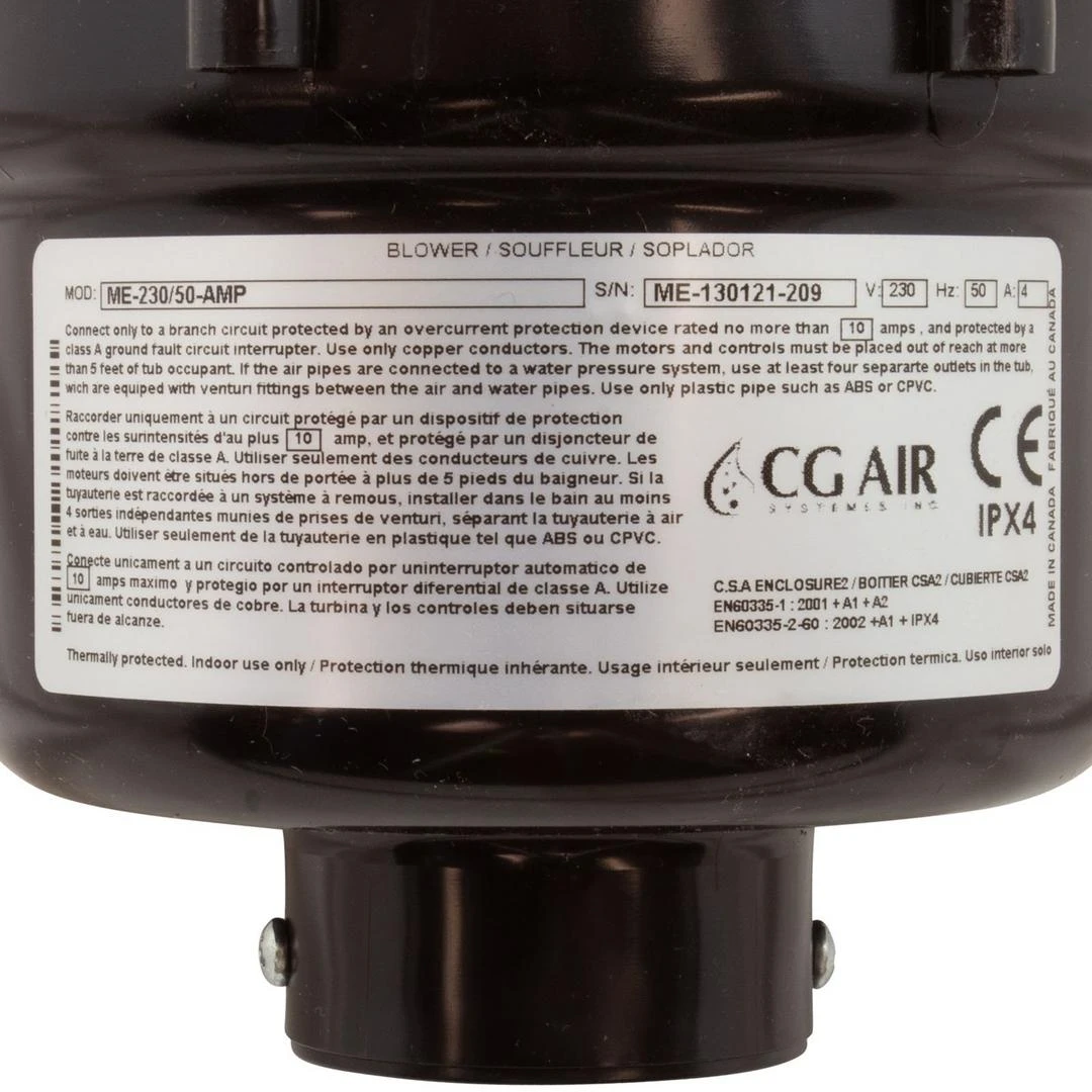 CG Air Systems Blower, CG Air Millenium Eco,230v,4.0A,50hz,3' AMP,w/Muffler CG Air Systems Blower, CG Air Millenium Eco,230v,4.0A,50hz,3' AMP,w/Muffler -Spa Equipment Store Muffler 1